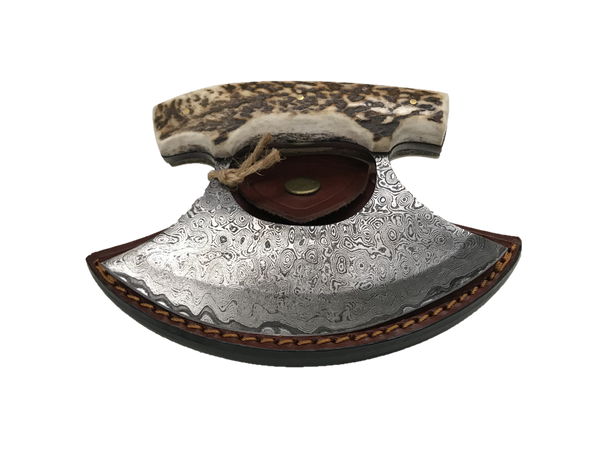 Damascus Steel Caribou Antler Ulu