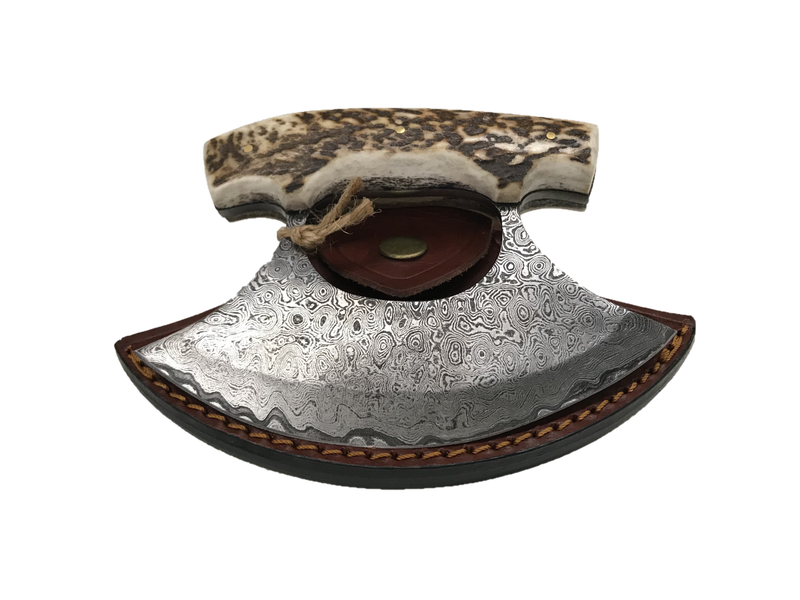 Damascus Steel Caribou Antler Ulu