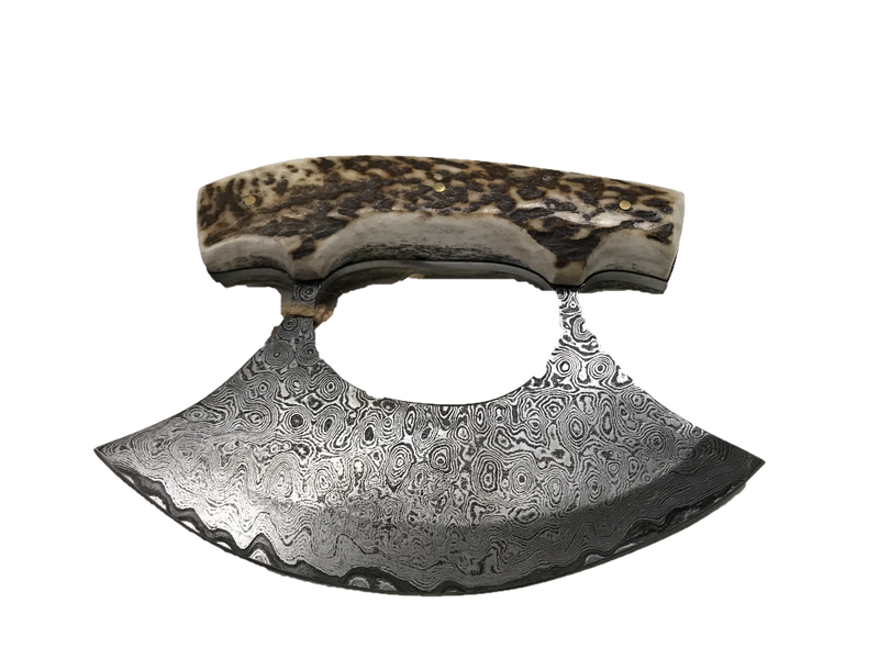 Damascus Steel Caribou Antler Ulu