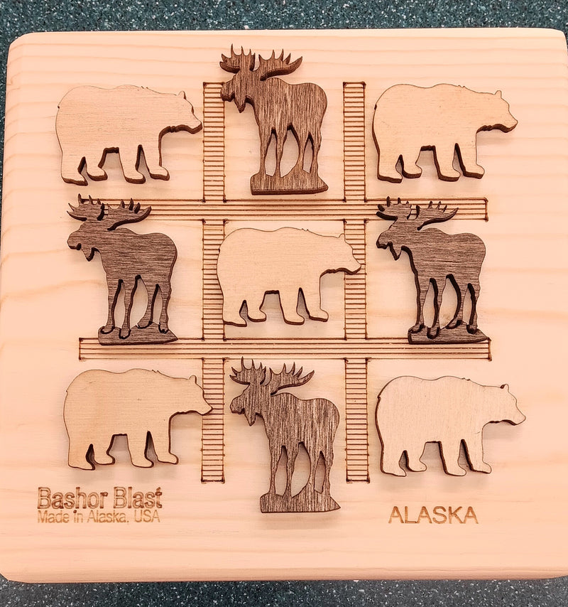 Wood Moose & Bear Tic-Tac-Toe Game Board